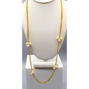 Vintage Triple Strand Chain Necklace with Lustrous Pearl Stations, Gold Tone